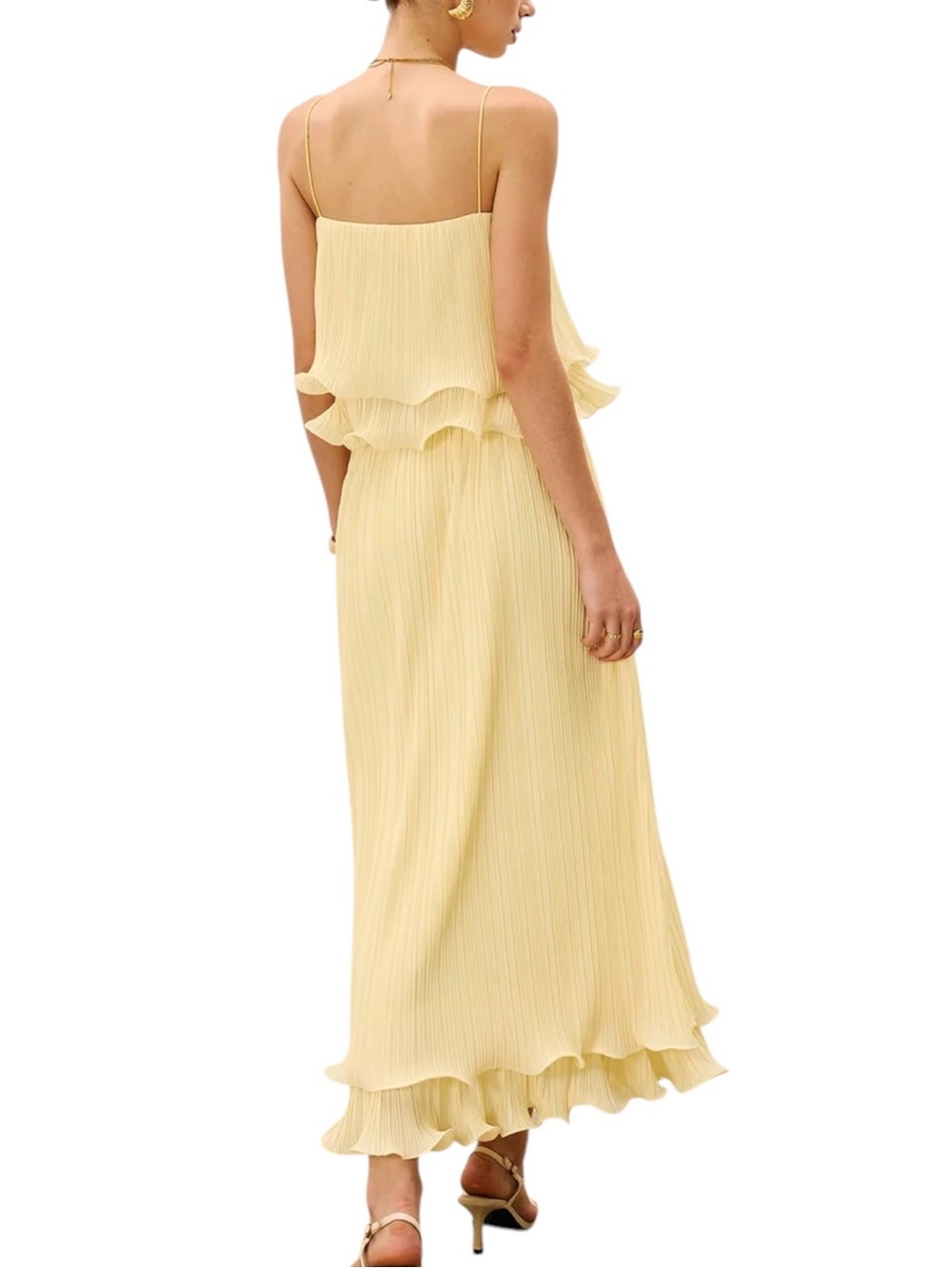 Commense Soft Butter Yellow Pleated Layered Ruffle Skirt Cami Set NWT Medium - Picture 2 of 13